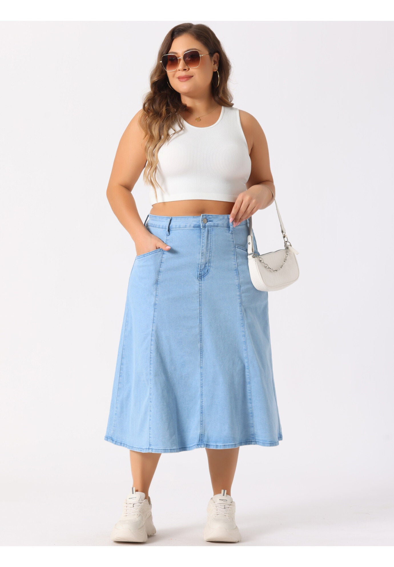 Denim Vintage High Waist with Pockets A-Line Midi Jean Skirt, Light Blue / Light Blue, hi-res image number 0