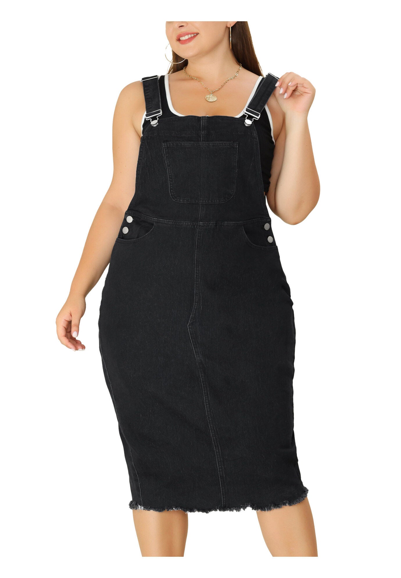 ADJUSTABLE STRAP BACK SLIT DISTRESSED DENIM OVERALL DRESS, Black / Black, alternate image number 2