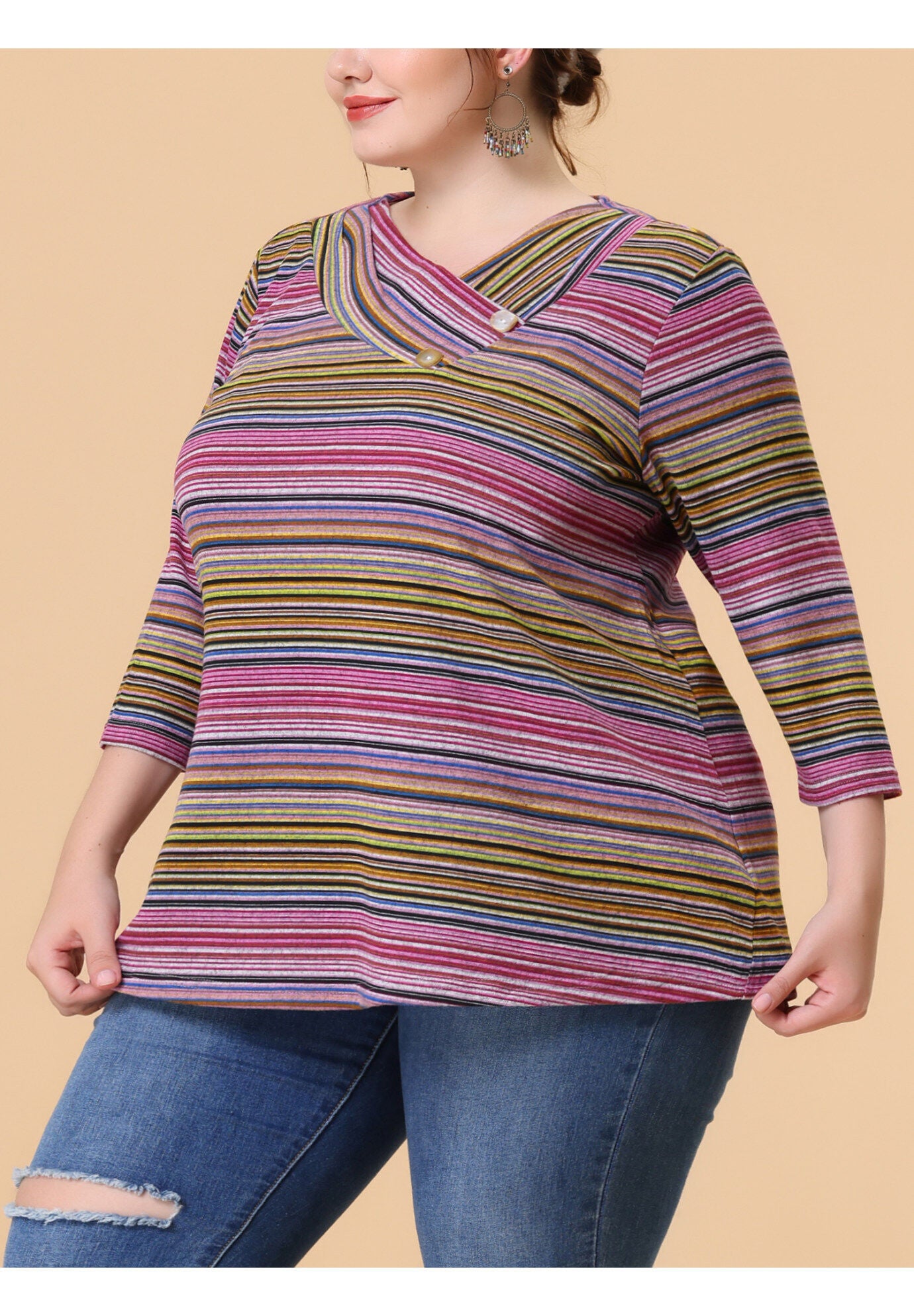 Stripe 3/4 Sleeve Tunic V Neck Knit Blouse, Purple / Purple, alternate image number 1