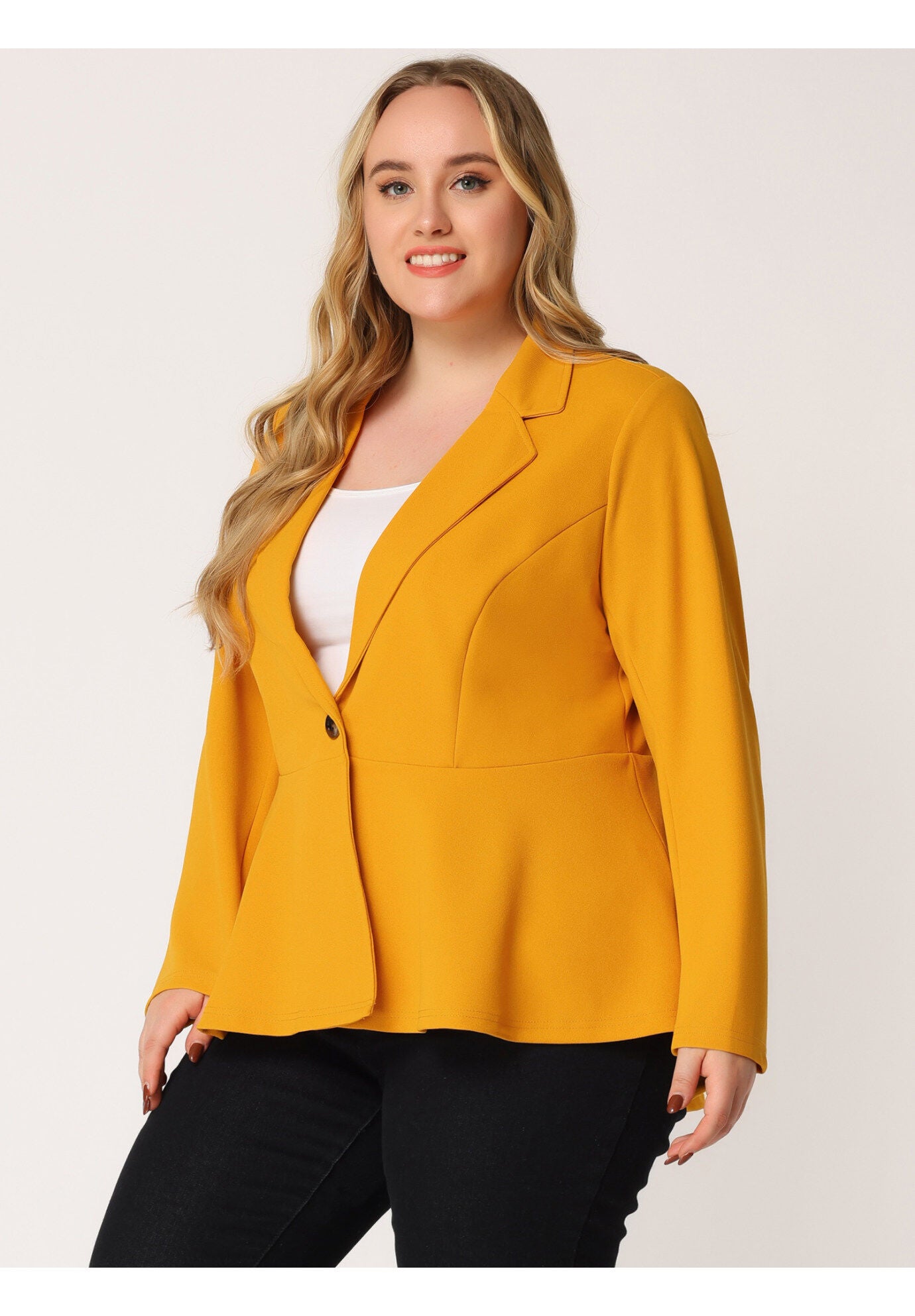 RUFFLE V NECK BUTTON NOTCH PANEL PEPLUM BLAZER, Yellow / Yellow, alternate image number 1