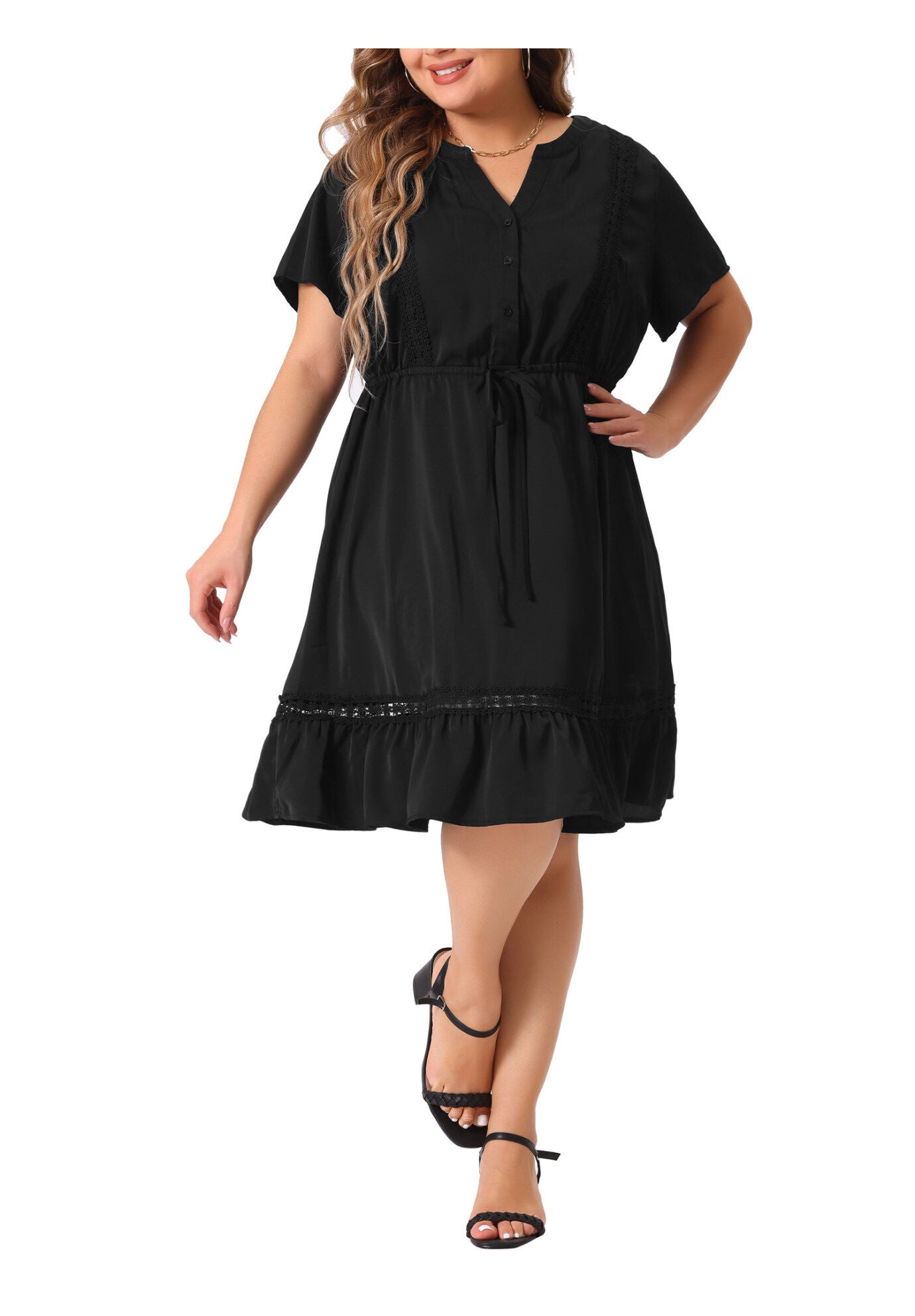 Button V Neck Summer Midi Ruffle A Line Swing Dress, Black / Black, alternate image number 2