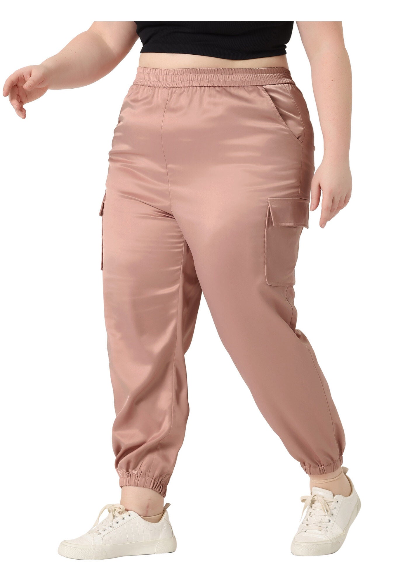 SATIN JOGGERS ELASTIC WAIST ATHLEISURE ANKLE LENGTH CARGO PANTS, Pink / Pink, alternate image number 1