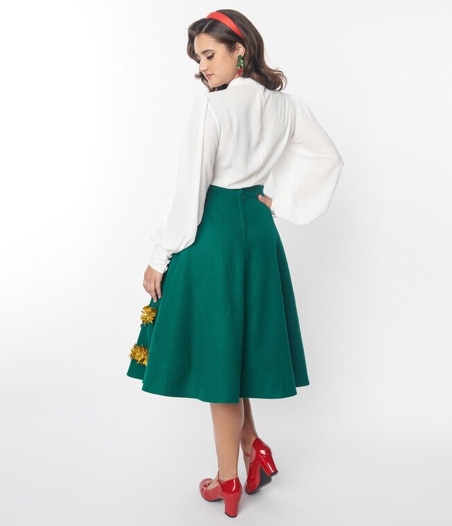 Unique Vintage Green & Gold Tinsel & Ornament Soda Shop Swing Skirt, , alternate image number 6