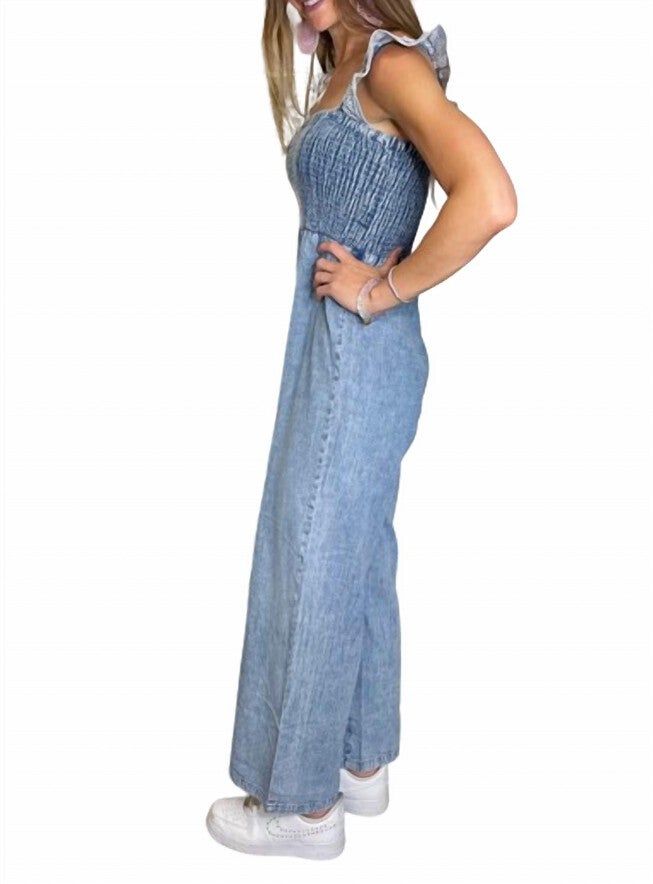 Denim Smocked Top Jumpsuit, Blue / Azure Blue, alternate image number null