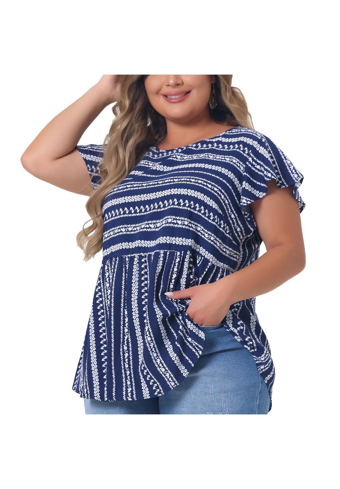 Boho Floral Printed Round Neck Ruffle Sleeve Blouse, Dark Blue / Navy, alternate image number 2