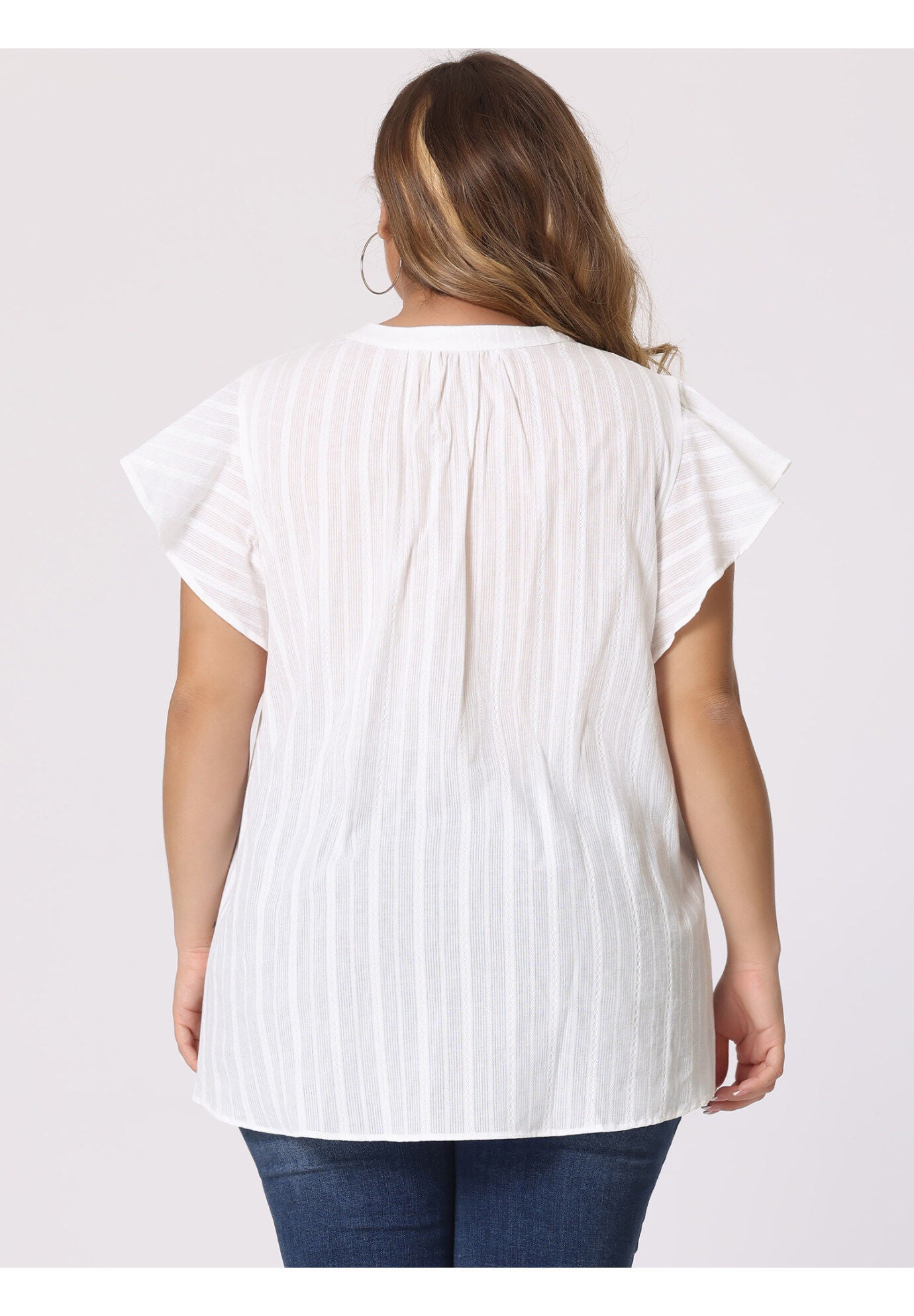 V NECK TASSEL SELF TIE FLUTTER BLOUSE, White / White, alternate image number 2