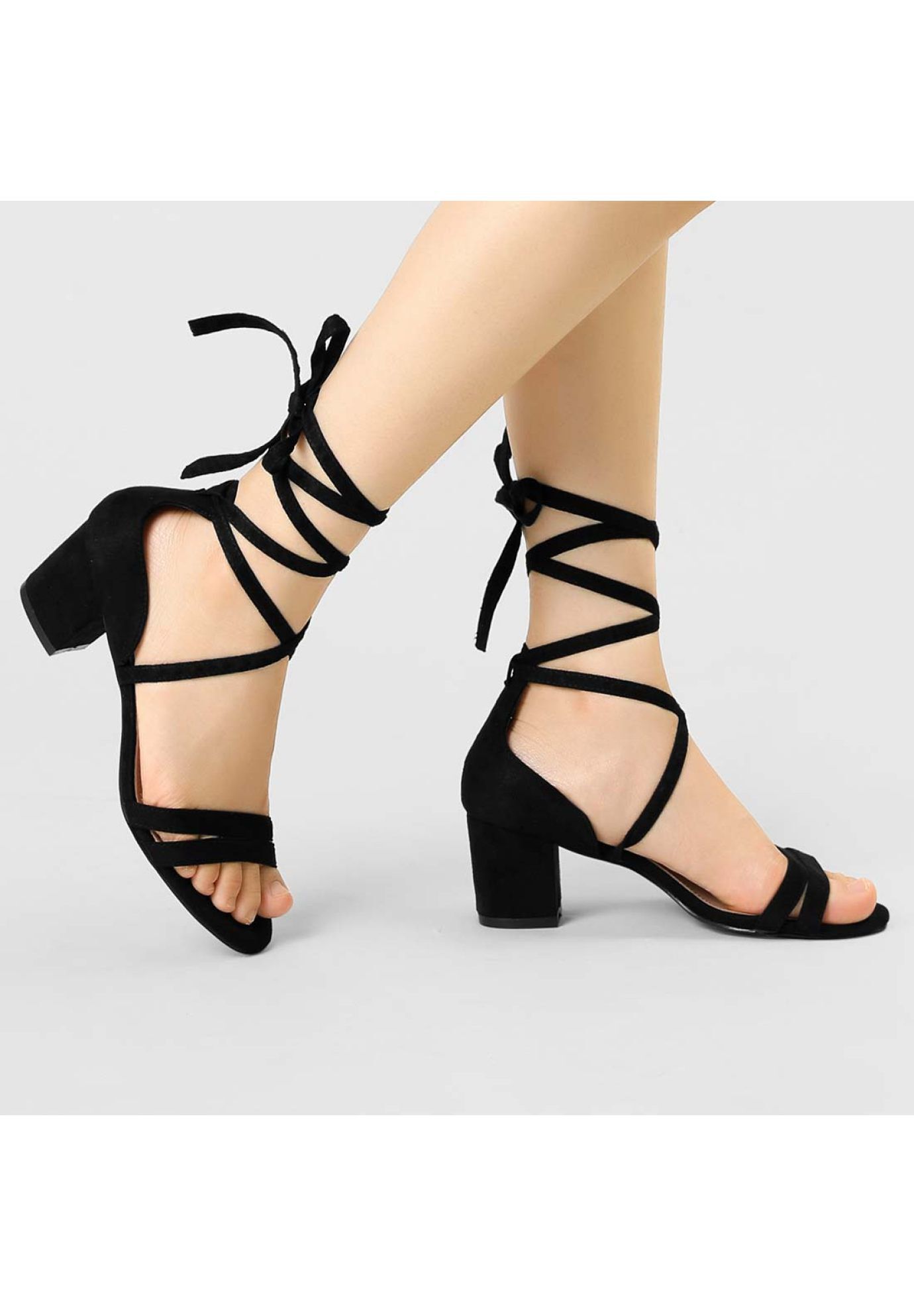 Open Toe Lace Up Color Block Heel Sandals, Black / Black, alternate image number 1