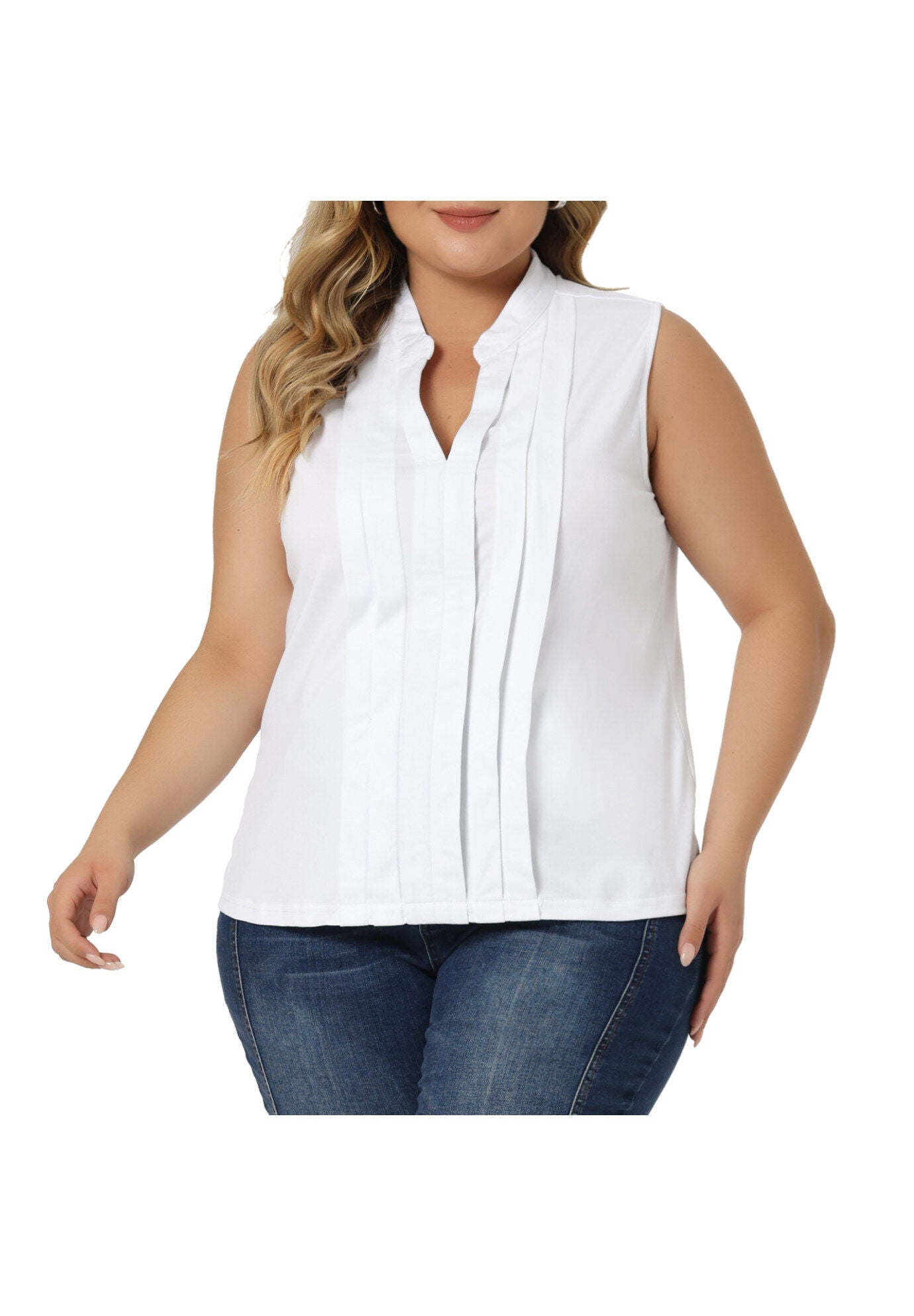 V Neck Sleeveless Pleated Summer Blouse Vest, White / White, alternate image number 2