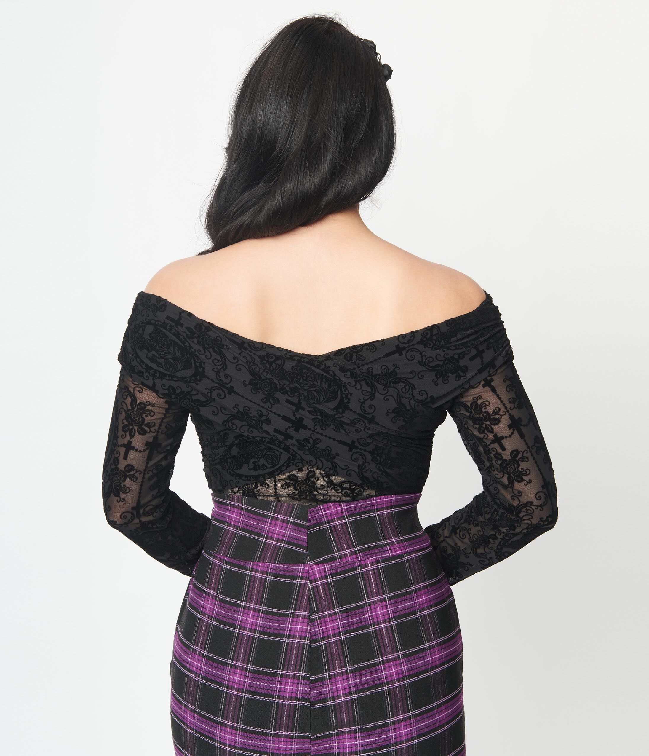 Unique Vintage Black La Catrina Mesh Saturday Night Bodysuit, Black / Black, alternate image number 1