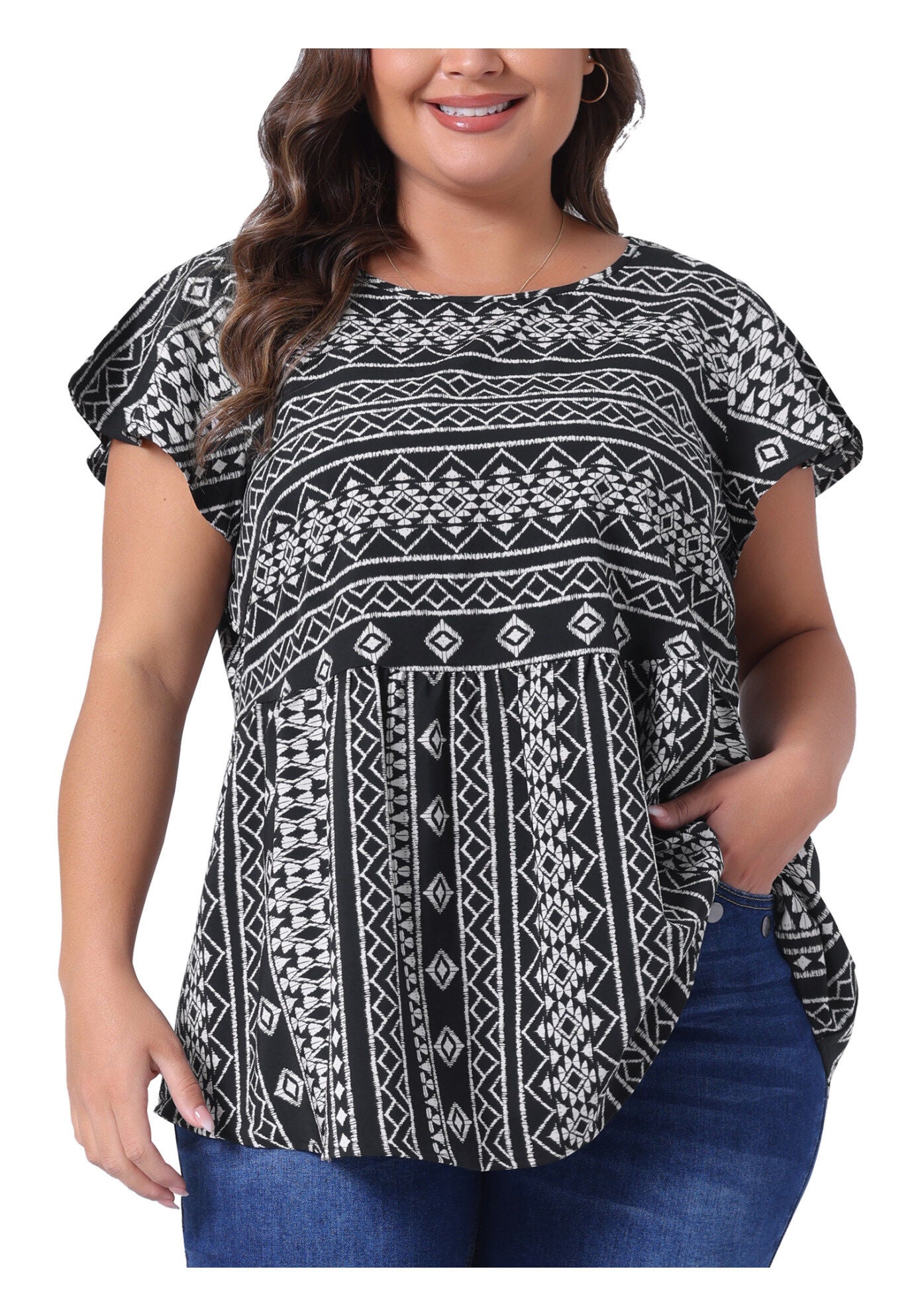 Boho Floral Printed Round Neck Ruffle Sleeve Blouse, Black / Black, alternate image number 1