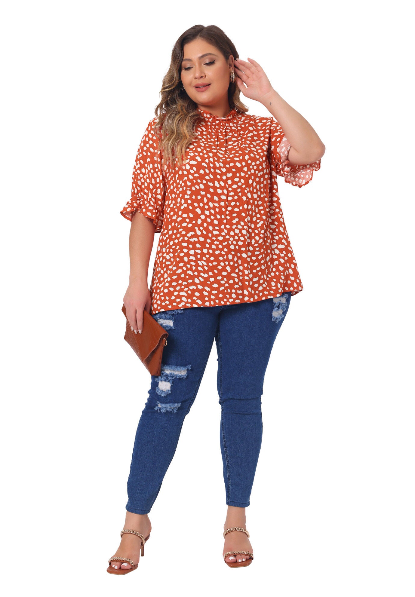 Polka Dots Printed Short Sleeve Ruffle Mock Neck Blouse, Orange / Orange, hi-res image number 0