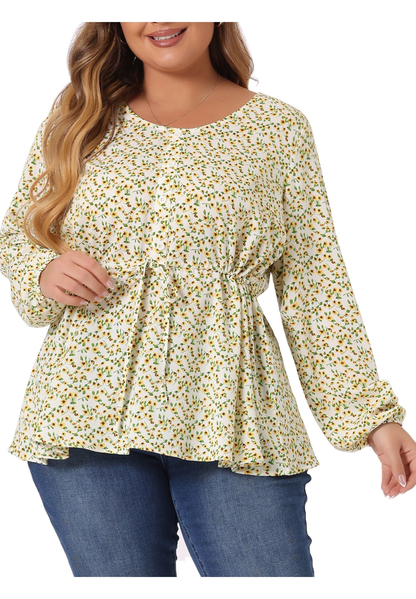Floral Print Long Sleeves Belt Tie Ruffle Casual Peplum Top, Yellow / Yellow, alternate image number 2