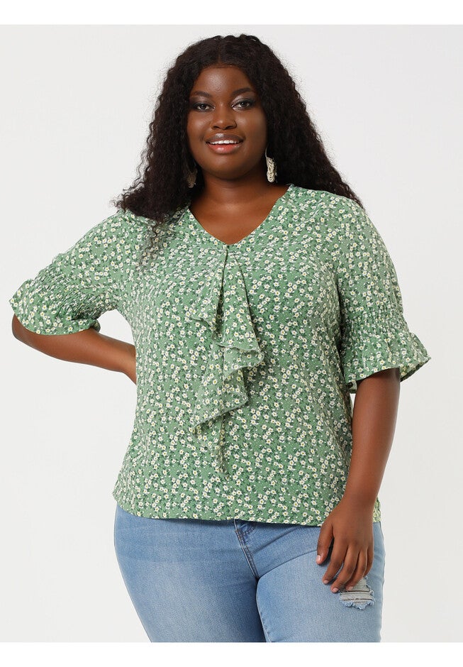 Ruffle Blouse V Neck Smocked Sleeves Top, White Green / Light Green, hi-res image number 0