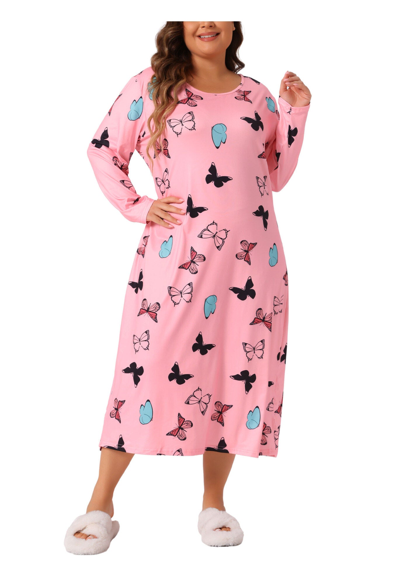 Crew Neck Long Sleeve Print Sleep Dress, Pink / Pink, alternate image number 2