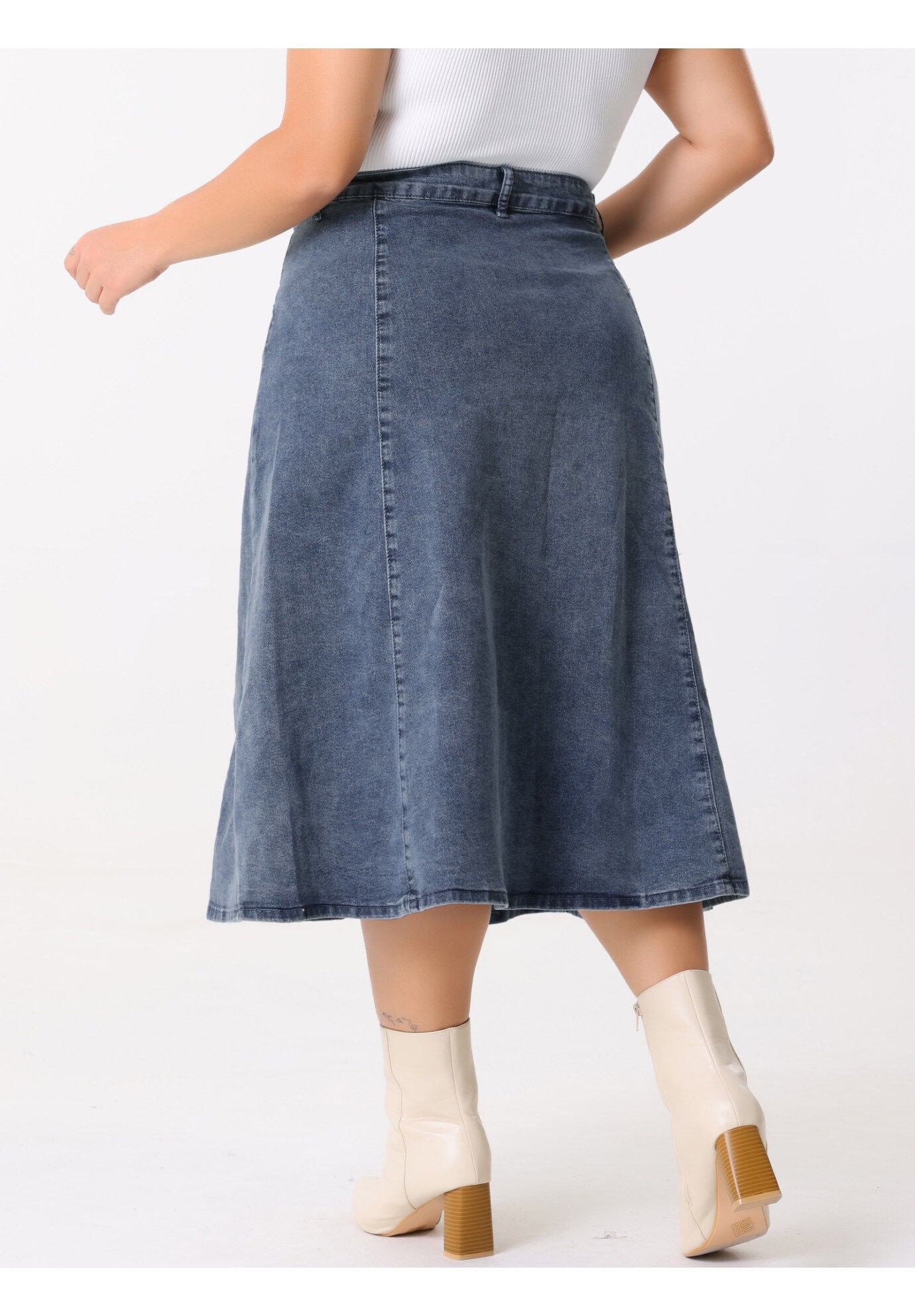 Denim Vintage High Waist with Pockets A-Line Midi Jean Skirt, Grey Blue / Dusty Blue, alternate image number 3