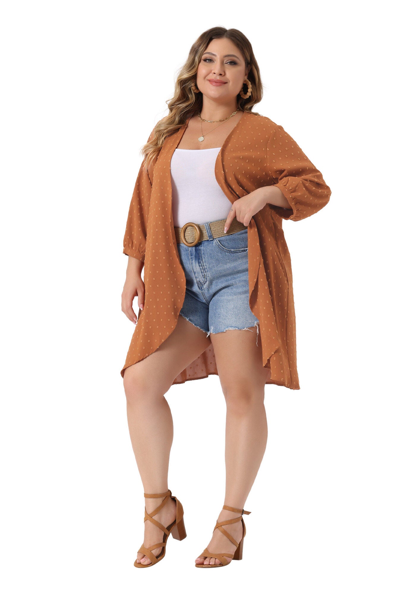 OPEN FRONT 3/4 SLEEVE SWISS DOTS LIGHTWEIGHT COVER UP CARDIGAN, Orange / Orange, hi-res image number 0