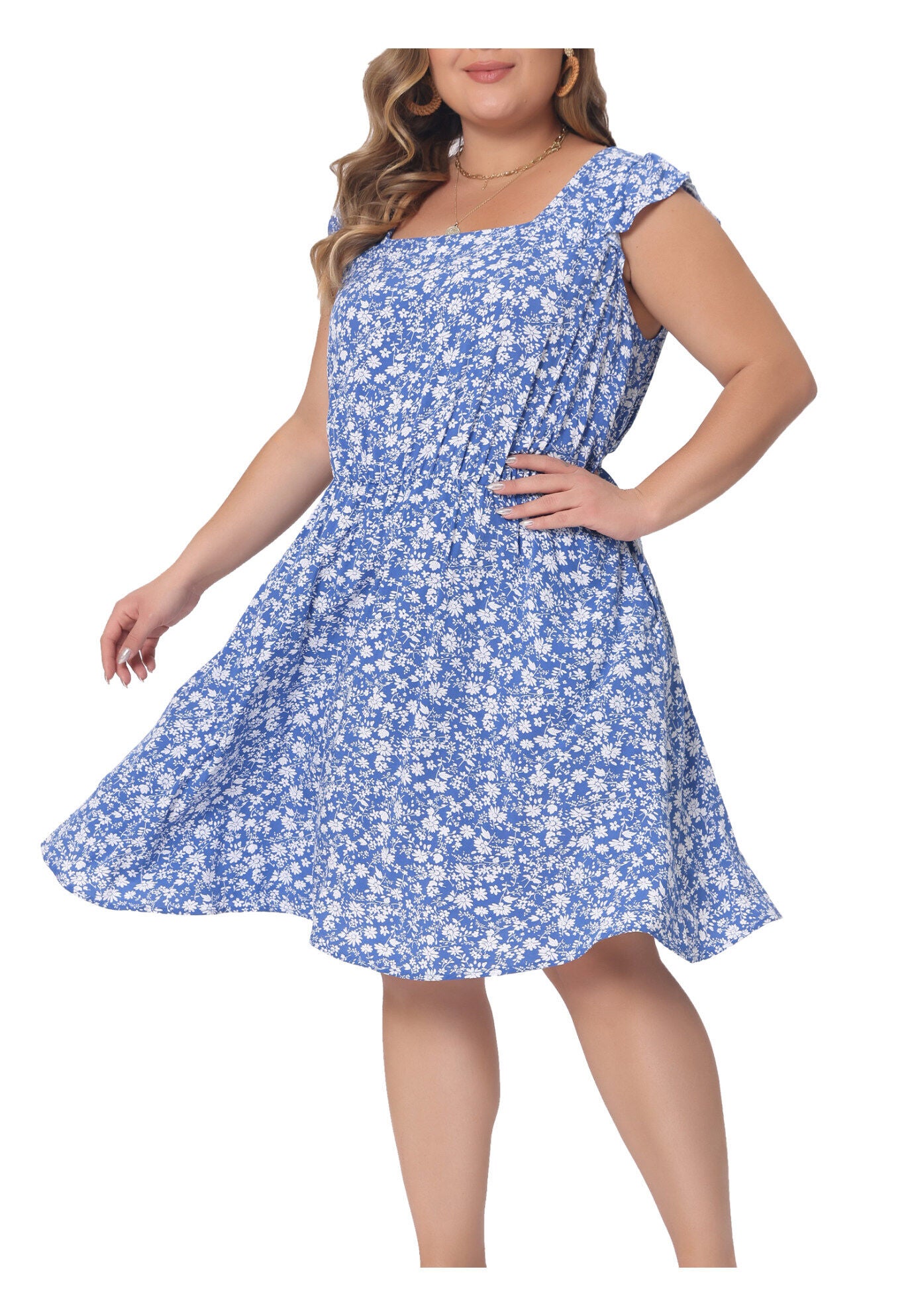 Summer Square Neck Ruffle Short Sleeve Midi Dress, Blue / Cornflower Blue, alternate image number 1