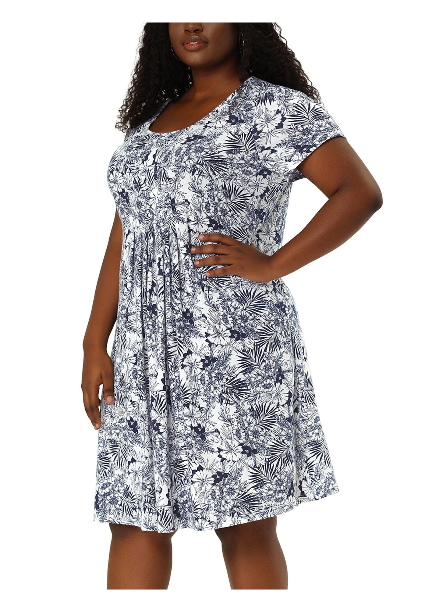 Short Sleeves Pleated Summer Beach Casual Loose Floral Dress, Navy Blue / Navy, alternate image number 2
