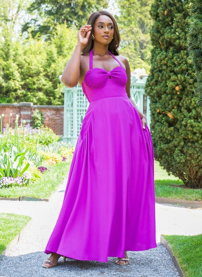 JILLIAN SMOCKED HALTER MAXI A LINE DRESS, Purple / Purple, alternate image number 1