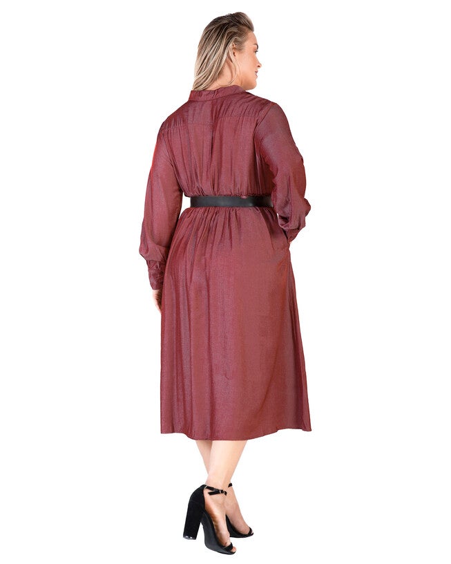 Chloe Women's Plus Size Button Front Shirt Dress With Cuffed Balloon Sleeves - Merlot, , alternate image number null