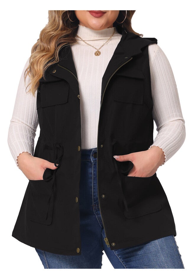 DRAWSTRING LIGHTWEIGHT SLEEVELESS CARGO HOODED ANORAK UTILITY VEST, Black / Black, alternate image number 2