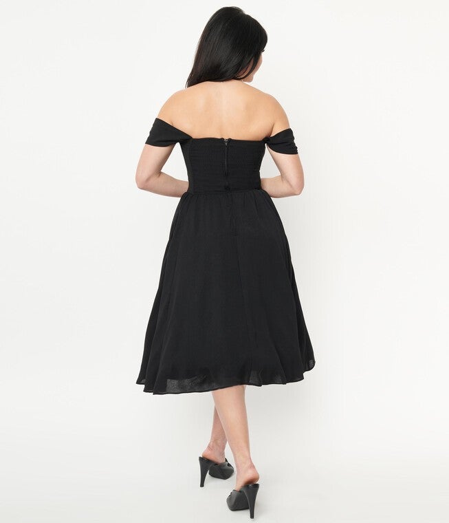 Unique Vintage Black Off Shoulder Swing Dress, , alternate image number null