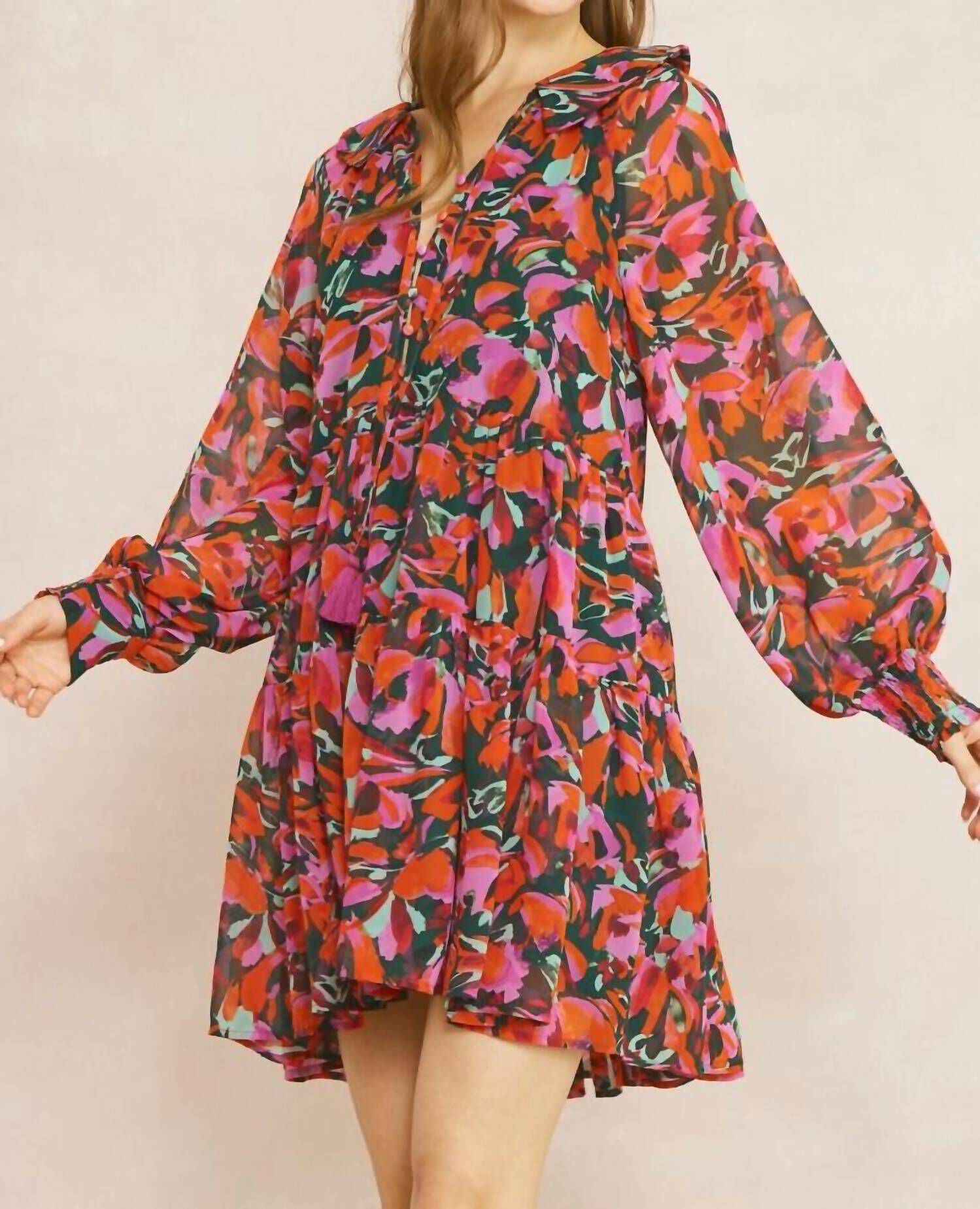 PRINTED LONG SLEEVE MINI DRESS IN RED/GREEN, , alternate image number 5