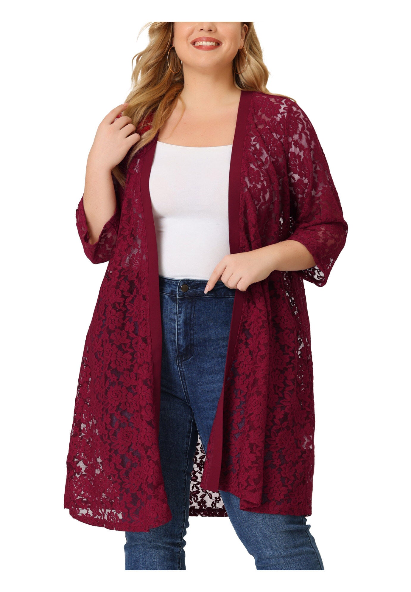 LACE CROCHET 3/4 SLEEVE COVER UP CARDIGAN, Burgundy / Red, alternate image number 3