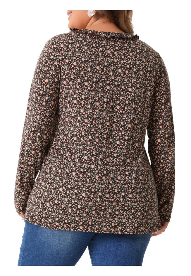 Floral V Neck Long Sleeve Ruffle Tunic Blouse Top, Brown Orange / Burnt Orange, alternate image number null