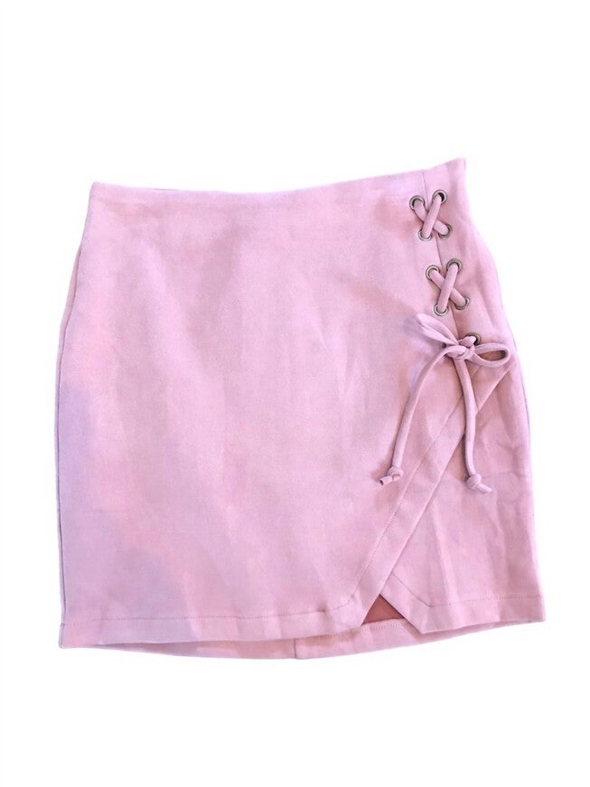 LACE UP ULTRA SUEDE MINI SKIRT IN MAUVE, Mauve / Pink, alternate image number null