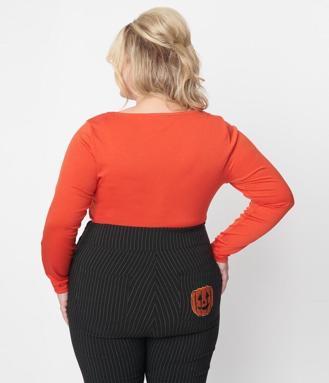 Unique Vintage Orange & Black Bat Bow Long Sleeve Top, Orange / Orange, alternate image number 1