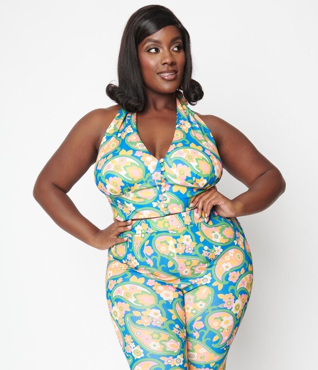 Smak Parlour Plus Size Blue Paisley Floral Mod Print Crop Top, Blue Paisly Floral Mod Print / Azure Blue, alternate image number null