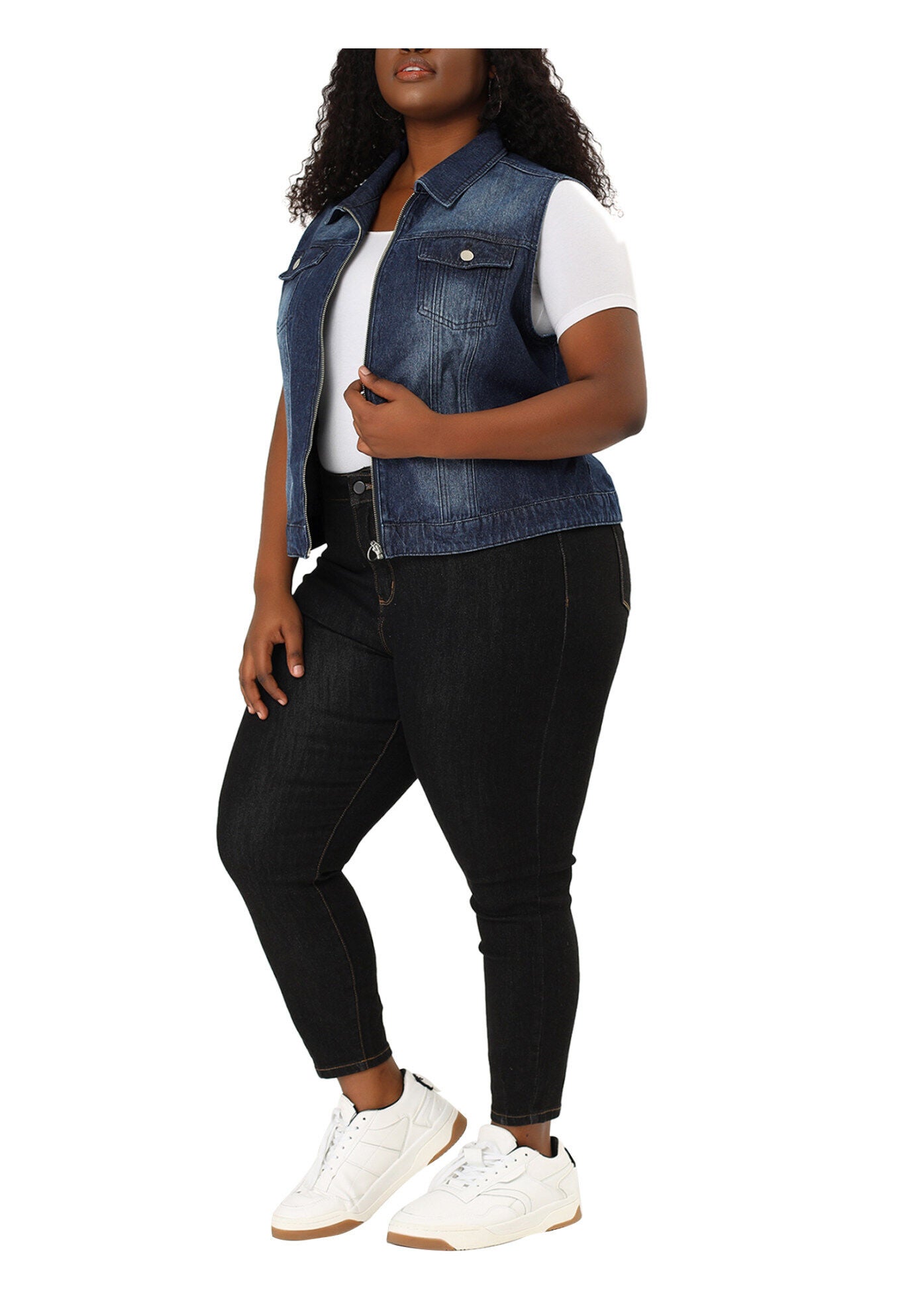 DENIM SLEEVELESS ZIP UP BUTTON DOWN JEANS JACKET VEST, Blue / Royal Blue, alternate image number 2