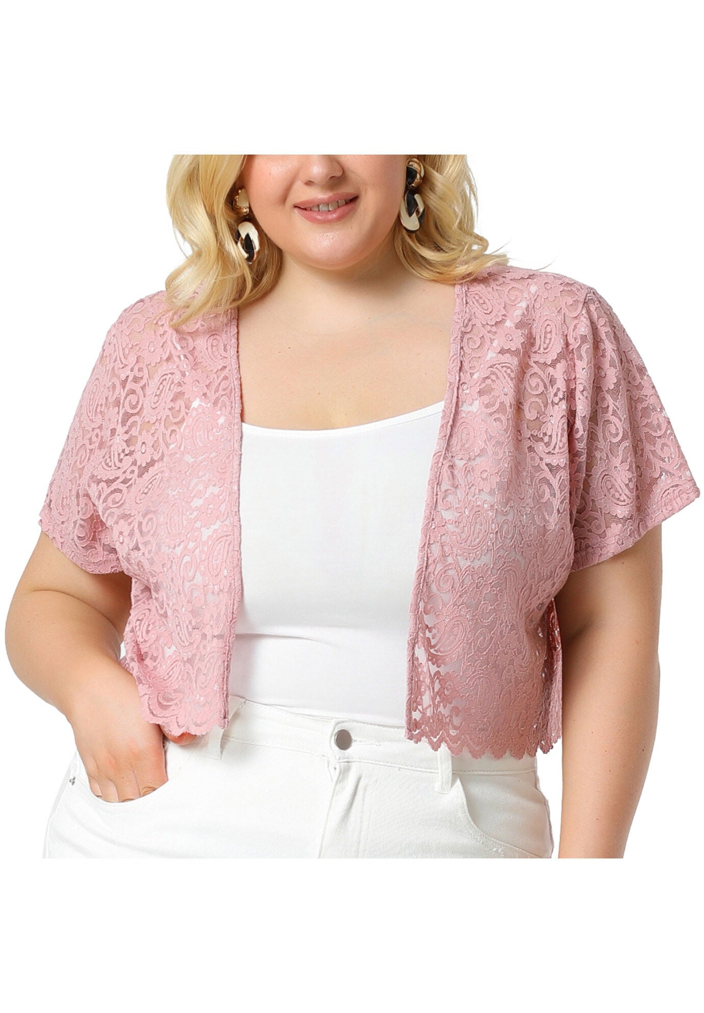 OPEN FRONT SHORT SLEEVE CROCHET LACE CROPPED BOLERO SHRUG CARDIGAN, Pink / Pink, alternate image number 2