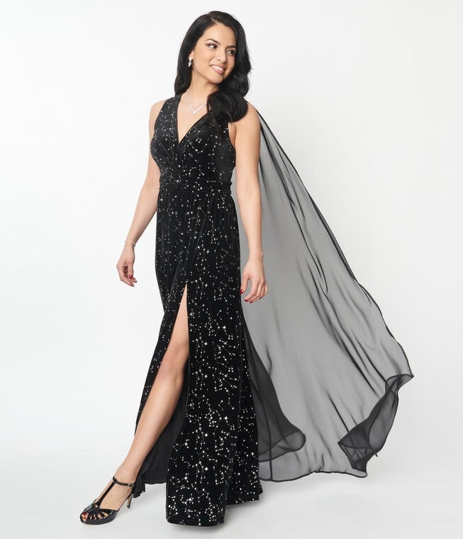 Unique Vintage Black Velvet Constellation Cape Gown, Black / Black, alternate image number 4