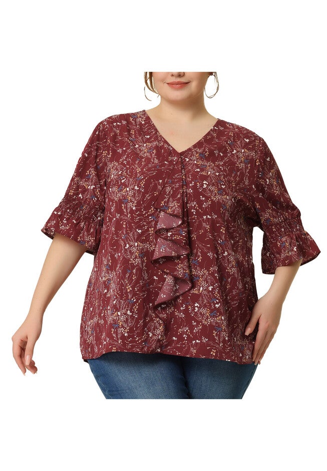 Ruffle Blouse V Neck Smocked Sleeves Top, Wine Red Floral / Red, alternate image number 1