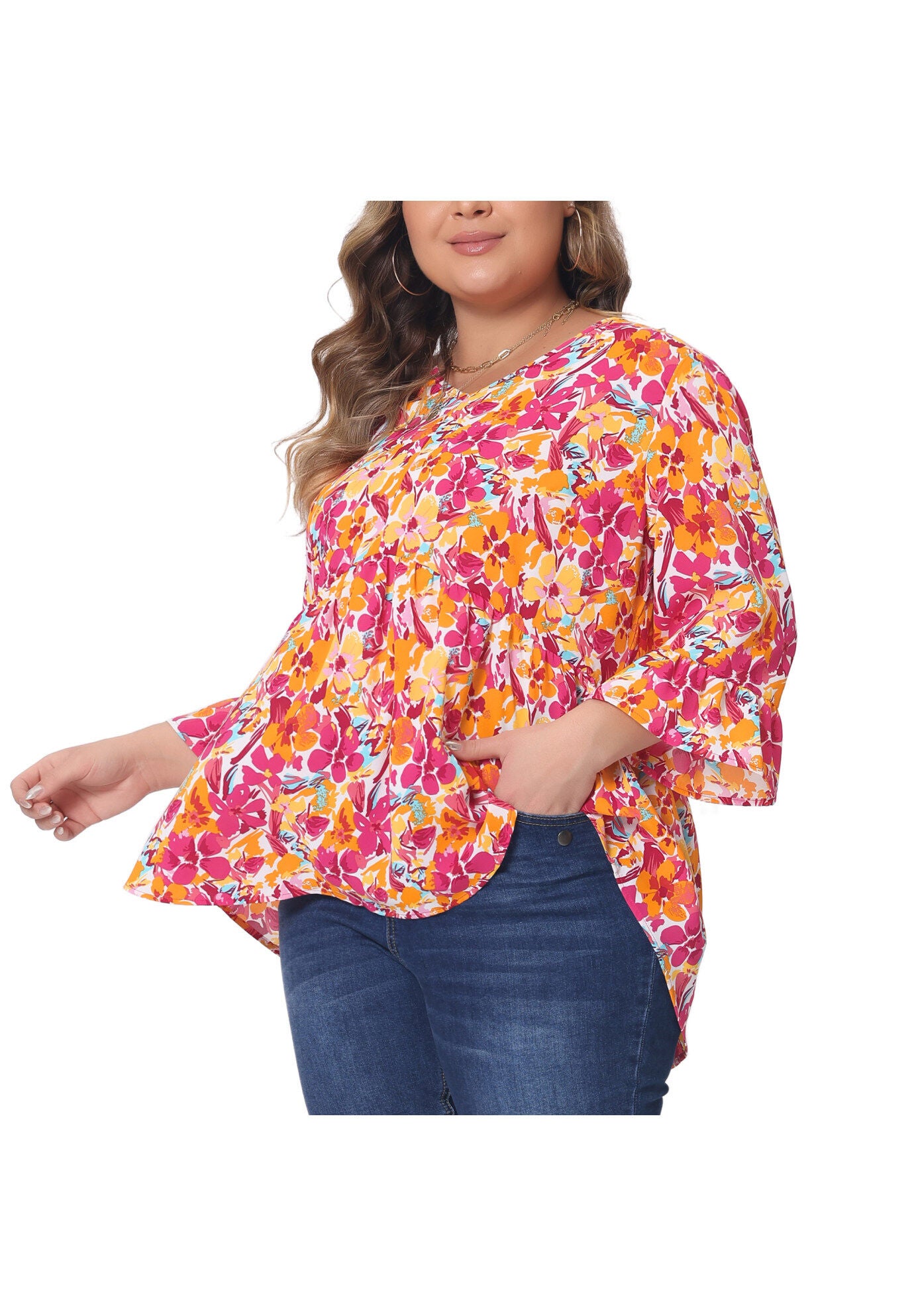 Floral V Neck Ruffle Sleeve Babydoll Peplum Blouse, Orange / Orange, alternate image number 1