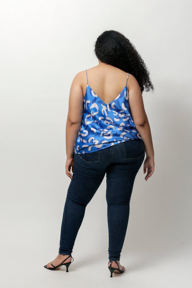Selma Satin Cami Tank Top, Black and Blue Horsehoe Print / Light Blue, alternate image number 1