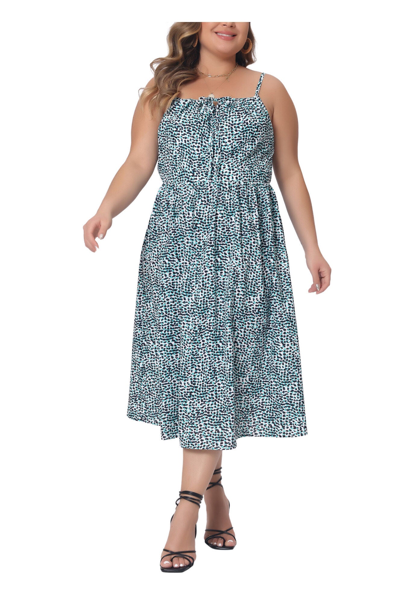 Tie Front Adjustable Spaghetti Strap Cami Midi Floral Dress, Green / Teal, alternate image number 1