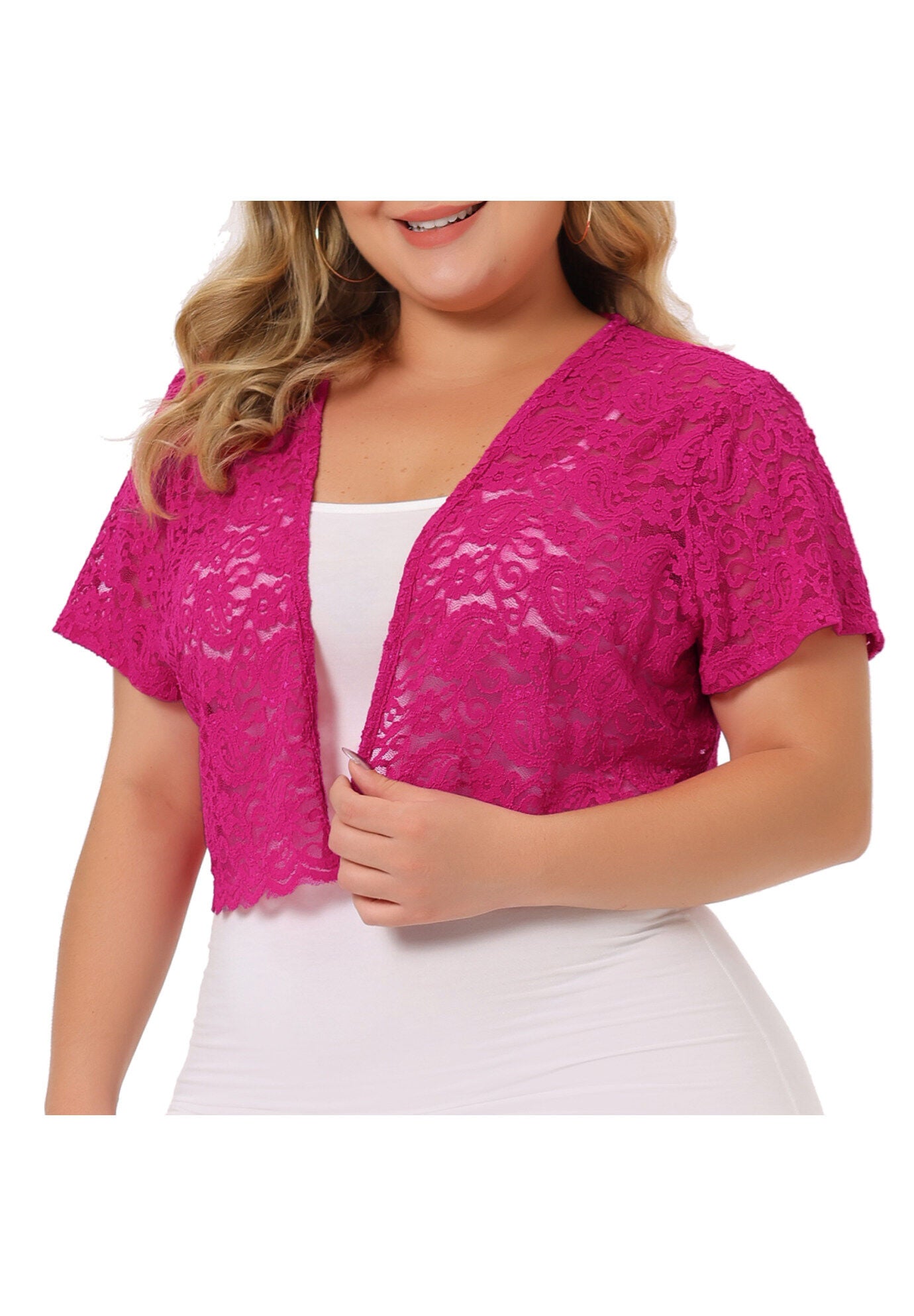 OPEN FRONT SHORT SLEEVE CROCHET LACE CROPPED BOLERO SHRUG CARDIGAN, Hot Pink / Pink, alternate image number 2