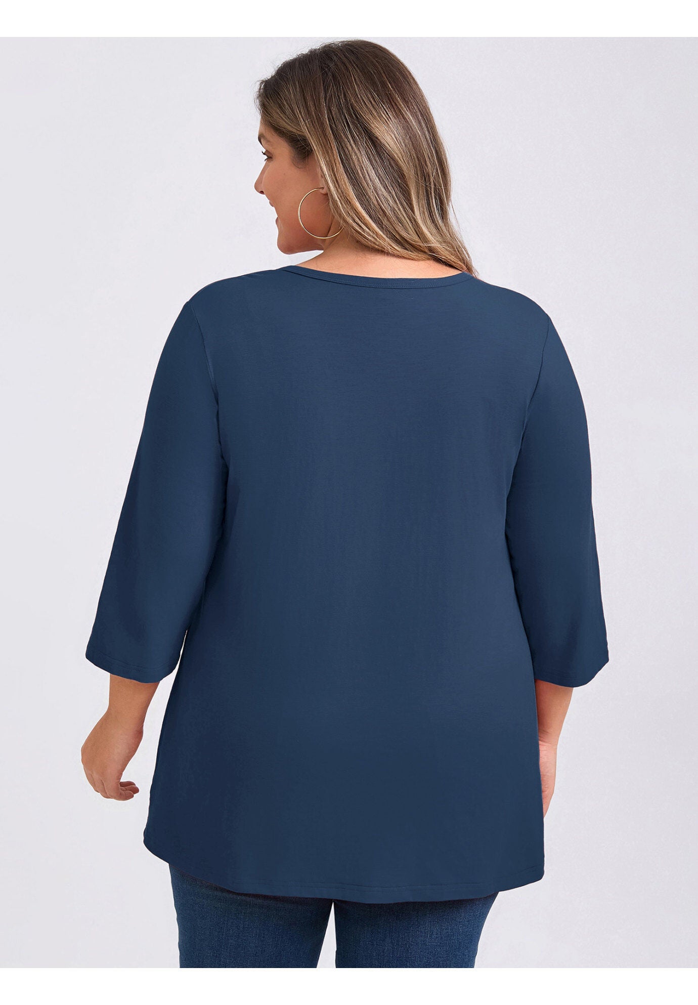 Notched Neck 3/4 Sleeve Front Pleated Button Decor Casual Blouse, Navy Blue / Navy, alternate image number 2