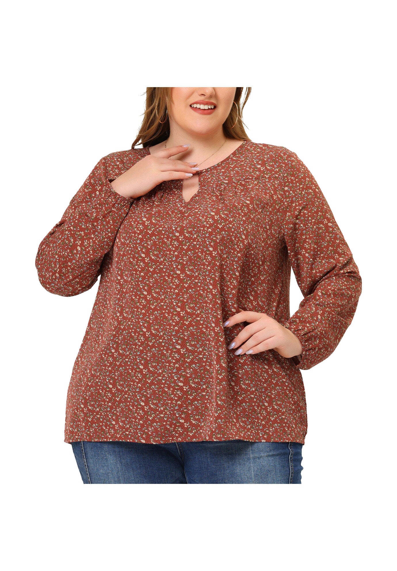 Chiffon Long Sleeve Keyhole Blouse Floral Top, Brown / Brown, alternate image number 1