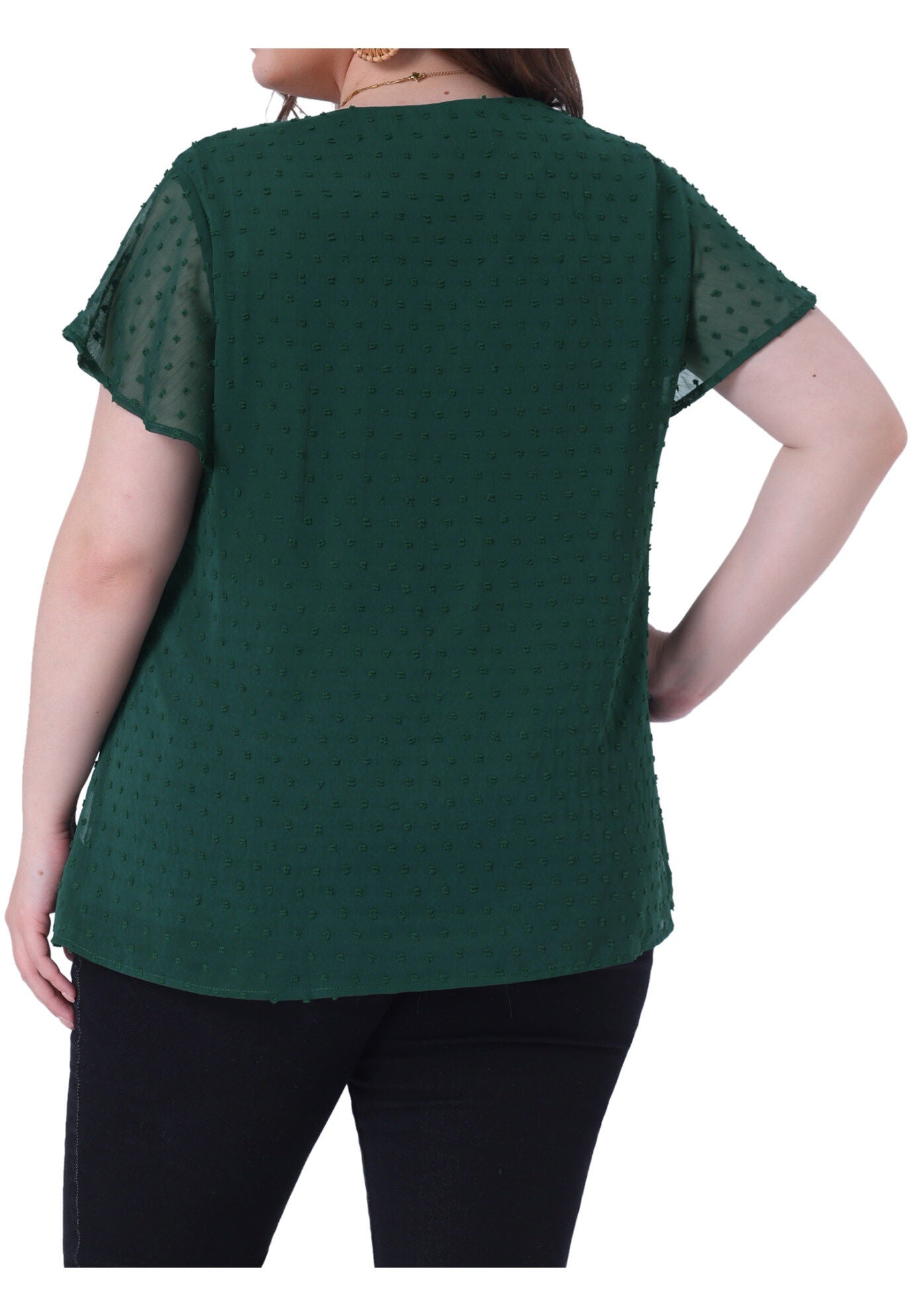 Swiss Dots Blouse V Neck Summer Short Sleeve Casual Top, Dark Green / Forest Green, alternate image number 4