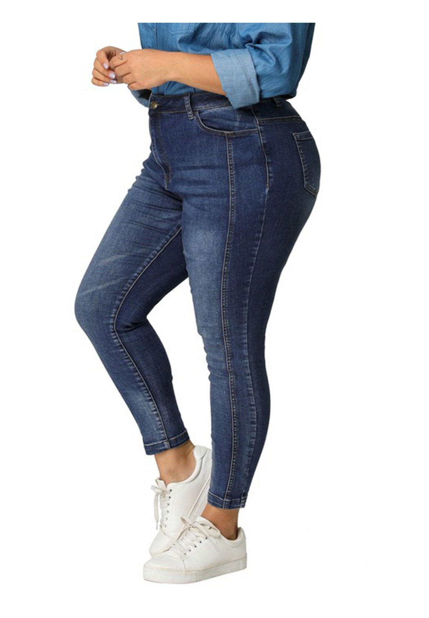MID RISE STRETCH WASHED SKINNY JEANS DENIM JEGGINGS, Blue / Light Blue, alternate image number 2
