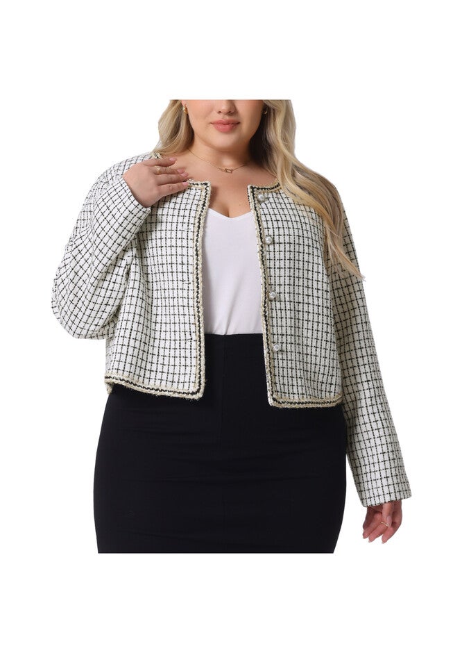 COLLARLESS OPEN FRONT PLAID TWEED BLAZER JACKET, White / White, alternate image number 1
