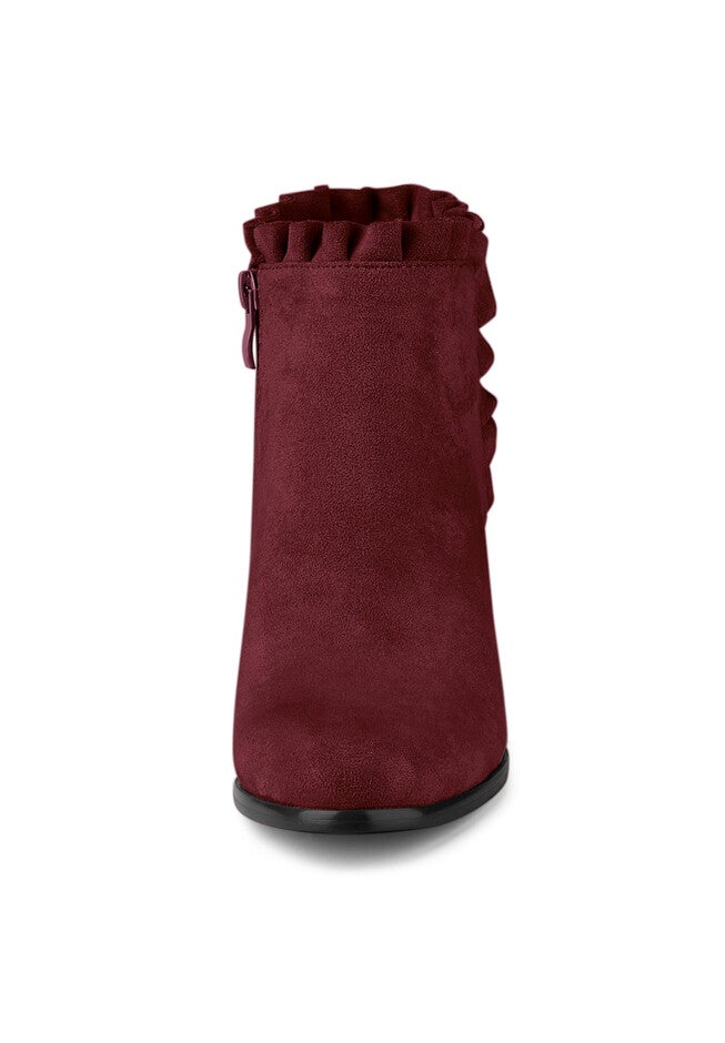 RUFFLE BLOCK HEEL ANKLE BOOTS, Burgundy / Burgundy, alternate image number 2