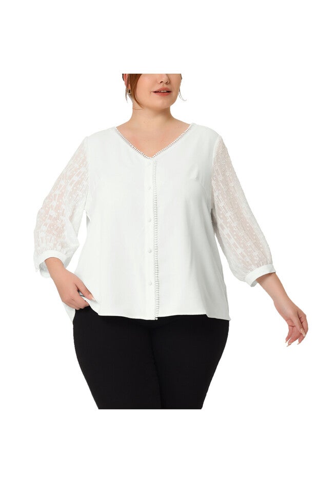 V Neck Sheer Lace Panel 3/4 Sleeve Button Up Lace Top, White / White, alternate image number 2