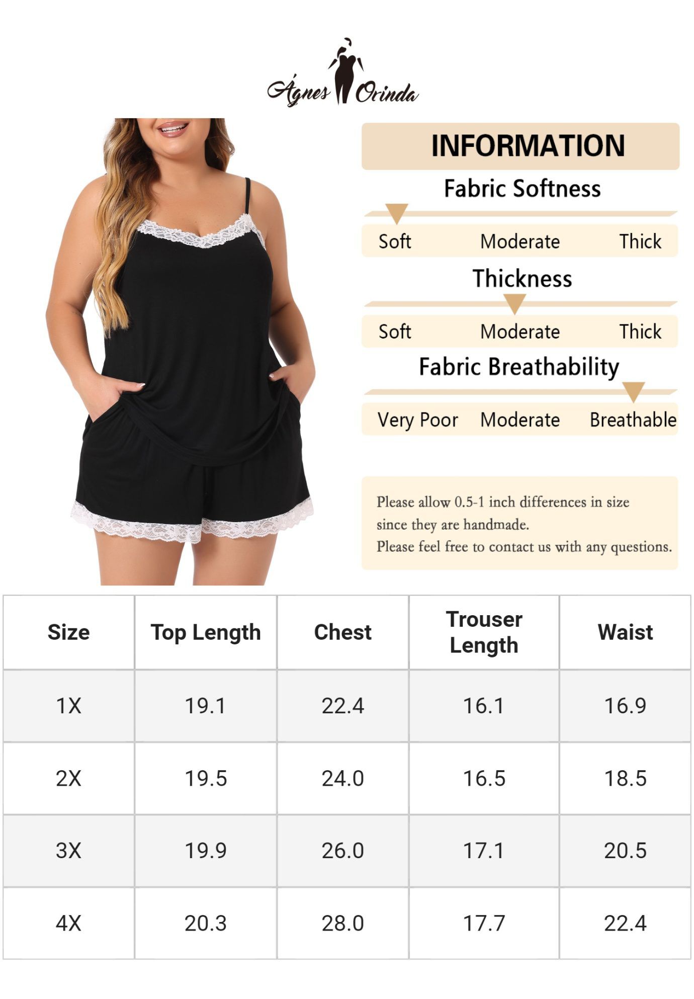 Lace Panel Elastic Waist Cami Sleep Lounge Pajama Sleepwear Set, Black / Black, alternate image number 4