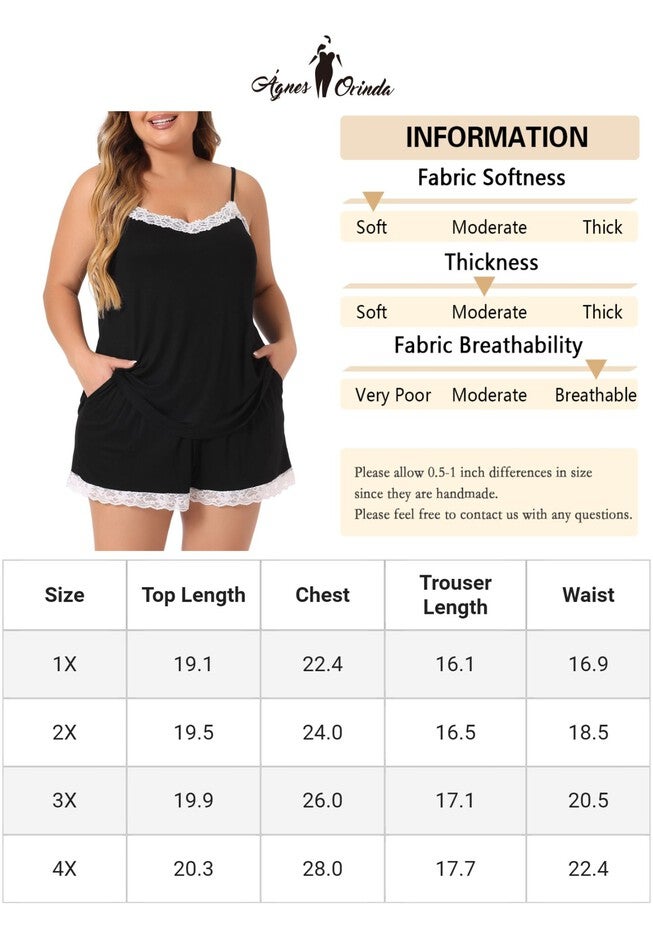 Lace Panel Elastic Waist Cami Sleep Lounge Pajama Sleepwear Set, Black / Black, alternate image number 4