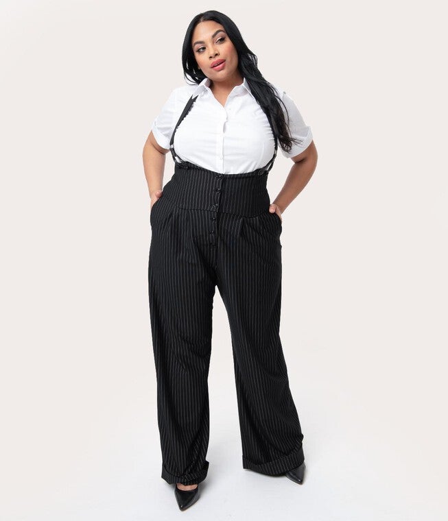 Unique Vintage Black & White Pin Stripe Thelma Suspender Pants, Black White Pin Stripe / Black, hi-res image number 0